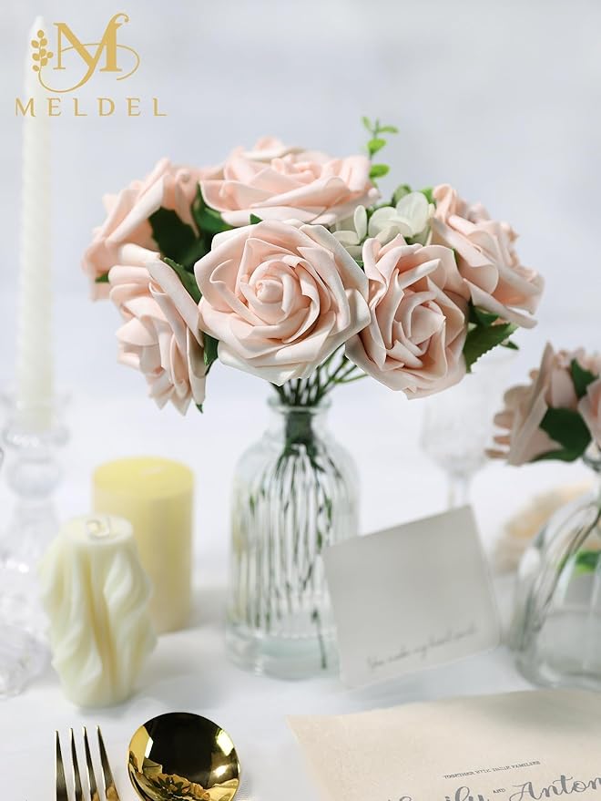 Meldel Artificial Flower 25pcs Real Looking Pink Fake Foam Roses with Stems for DIY Wedding Bouquets Gifts Bridal Shower Faux Floral Centerpieces Arrangements Home Party Tables Decorations