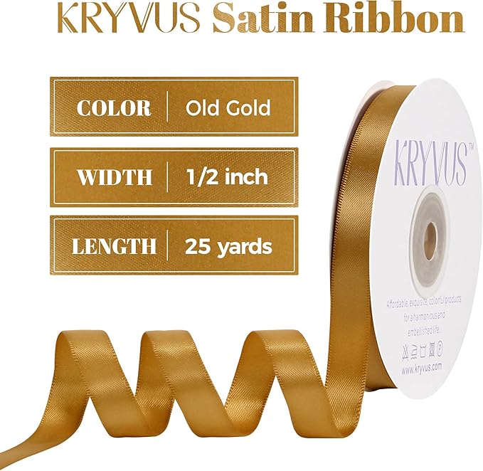Old Gold Satin Ribbon, Double Faced 1/2 Inch X 25 Yards Old Gold Ribbon, Premium Satin Ribbon for Gift Wrapping, Crafts, Hair Bow Making, Sewing, Flower Bouquet, Wedding Party Decor