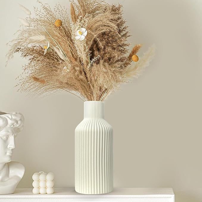Ceramic Flower Vase, Minimalist Modern Home Decor, Matte Finish Pampas Grass Vase for Table, Fireplace, Shelf, Mantel, Entryway and Centerpieces (Off White)