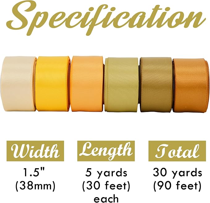 HUIHUANG Gold Ribbon for Gift Wrapping 1-1/2 inch Double-Faced Gold Satin Silk Ribbon Assortment for Flower Bouquet, Crafts, Bows Making, Christmas Holiday Decor- 6 Rolls x 5 Yards/Roll