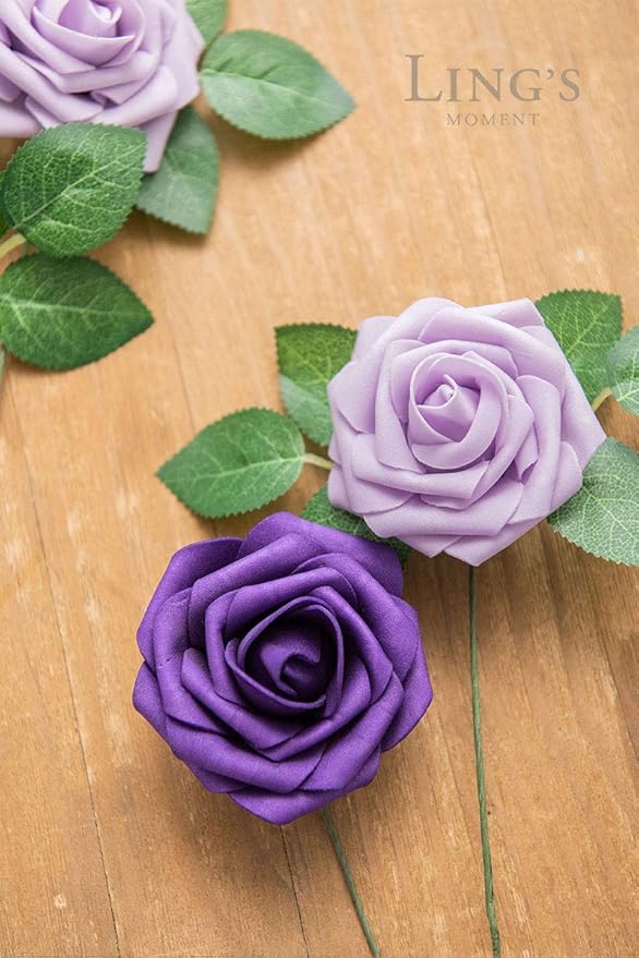 Ling’s Moment Artificial Flowers 25Pcs Purple Roses Decor w/Stems,3" Real Touch DIY Foam Floral for Wedding Bouquet/Centerpieces, Outdoors Party Backdrop, Room/Table, and Garden/Pot Decorations （2023）