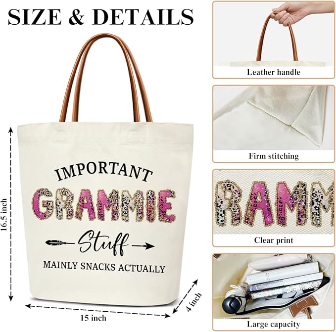 Canvas Tote Bag for Women, Important Stuff Bag with Leather Handle, Reusable Grocery Bags for Shopping Beach Travel