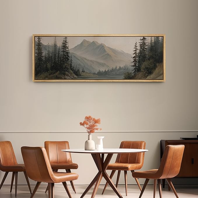 SIGNFORD Large Framed Canvas Print Wall Art Mountain Forest Landscape Misty Pine Trees and Lake Scene Illustrations Modern Art Relax/Calm Warm for Living Room, Bedroom, Office - 60"x20"