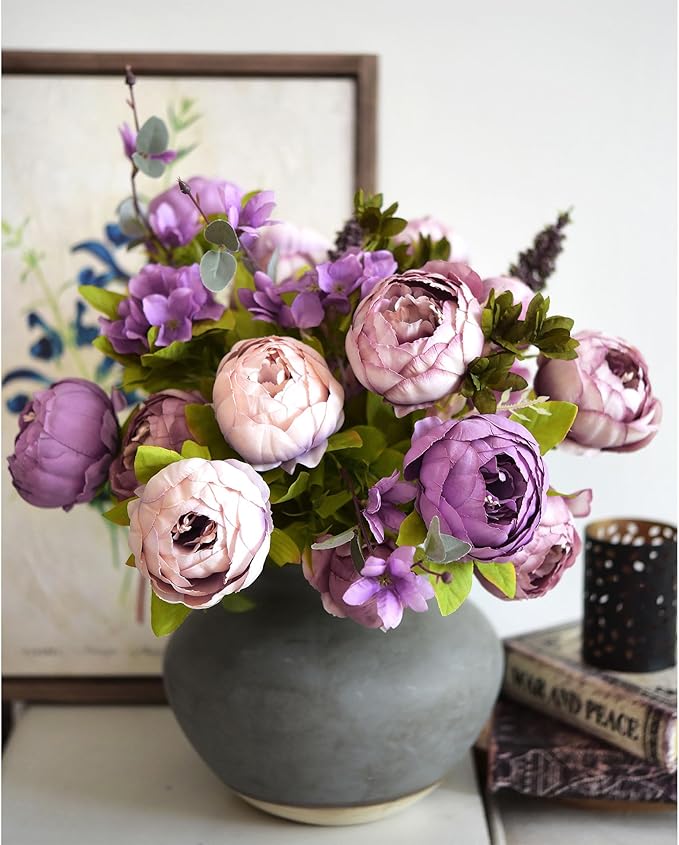 FiveSeasonStuff Rosy Brown and Purply Magenta Vintage Artificial Peonies Silk Flowers and Hydrangeas for Wedding Bridal Home Decor – Beautiful Floral Centerpiece Bouquet (Rustic Harmony)