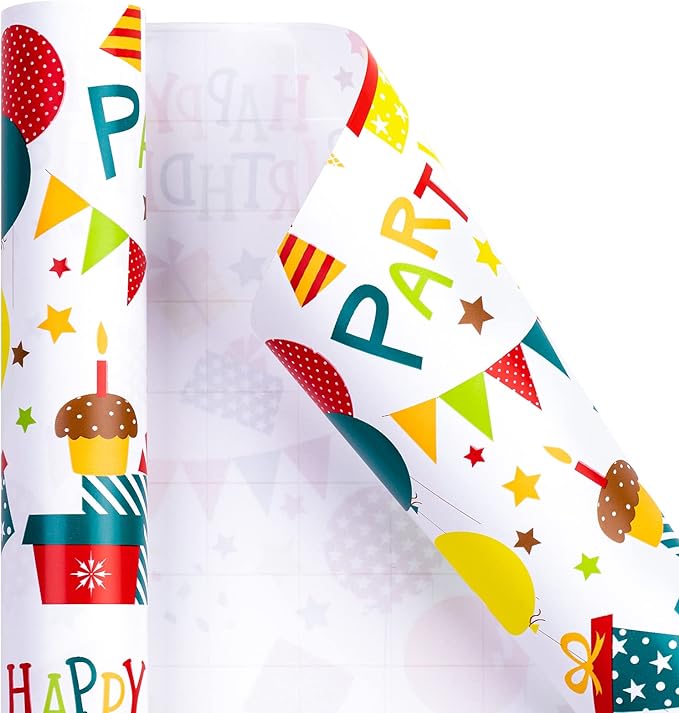 WRAPAHOLIC 30 Inch Birthday Wrapping Paper Roll - Cheerful Happy Birthday Wrapping Paper for Holiday, Party, Baby Shower - 30 Inch x 33 Feet