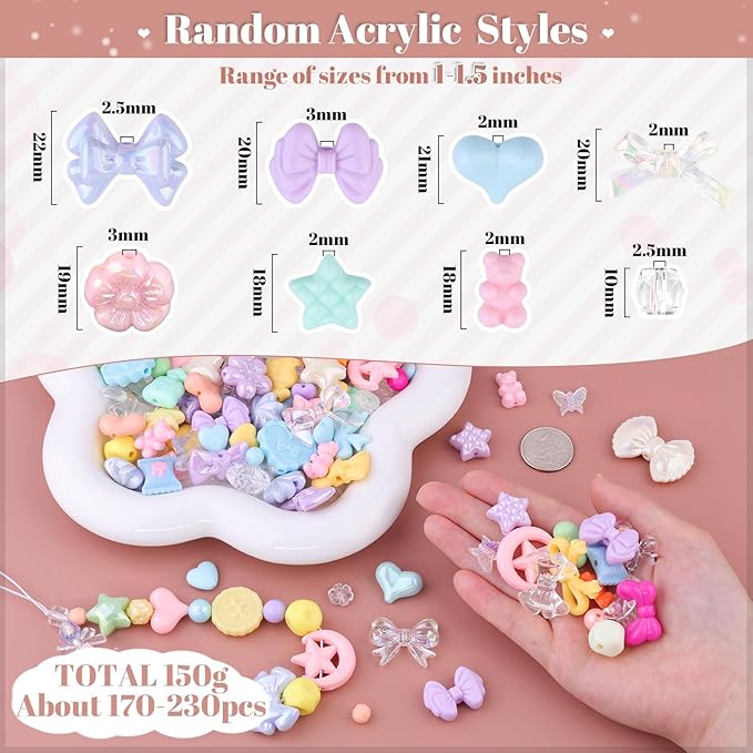 Assorted Acrylic Beads, 200-260PCS Macaroon Color Cute Beads for Bracelet Making, GummyBear Bow Candy Kawaii Charms for Jewelry Making DIY Necklace Keychain Phone Charm Christmas Gift