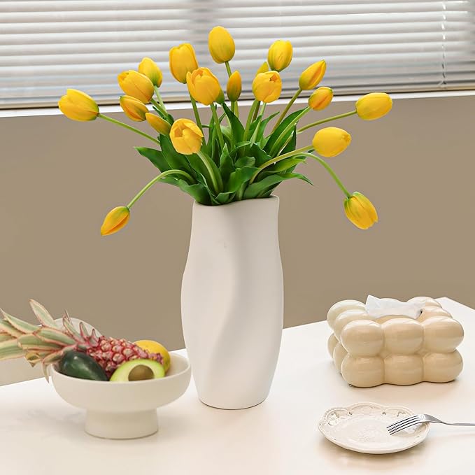 Artificial Tulips 20pcs Fake Yellow Tulips Real Touch, Faux Latex Tulips Flowers with Gift Box for Party Wedding Home Room Decoration