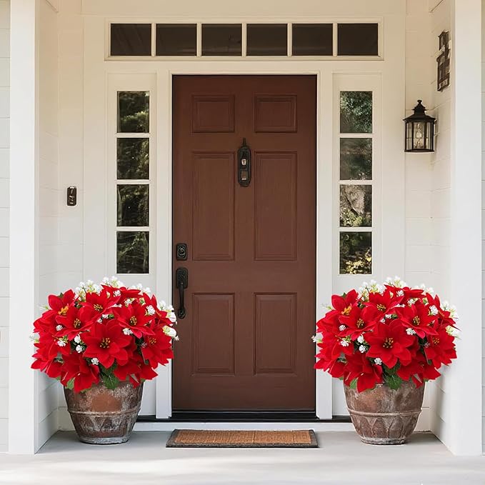 12 Bunches Poinsettias Artificial Christmas Flowers for Outdoors,14'' Fake Red Poinsettias Faux Eucalyptus Plants UV Resistant for Home Planters Garden Porch Christmas Winter Spring Décor