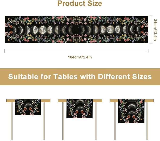 Boho Floral Table Runner, Spring Gothic Moon Phase Wildflower Mystical Witchy Farmhouse Coffee Table Center Decor for Home Kitchen Dining Patio Holiday Party Table Decorations 13x108 inches