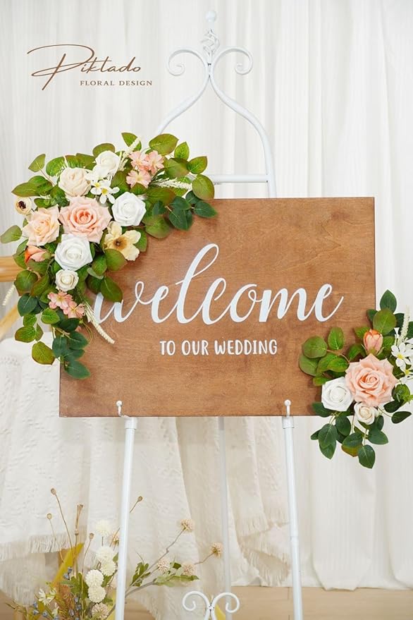 Wedding Decor (Pack of 2) Welcome Sign Flower Backdrop Garland for Ceremony Reception Wall Easel Home Decoration Entryway Faux Outdoor Board Head Table Decor (Flesh Pink & White)