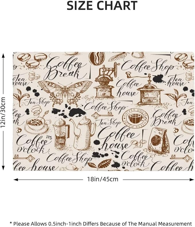 Coffee Theme Linen Placemats Set of 6 Vintage Coffee Cup Table Mats Heat Resistant Place Mats for Home Party Kitchen Dining Decoration 12x18 Inch