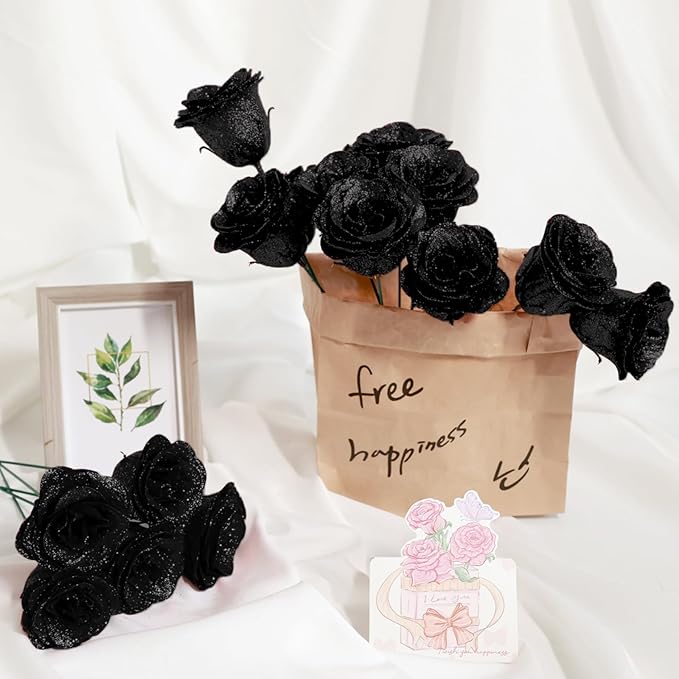 Glitter Roses Bouquet, Shiny Artificial Roses Flowers with Stems DIY Fake Glitter Flowers Bouquet for Valentine's Day, Mother's Day, Anniversary, Graduation, Birthday, 36 Roses (Black)