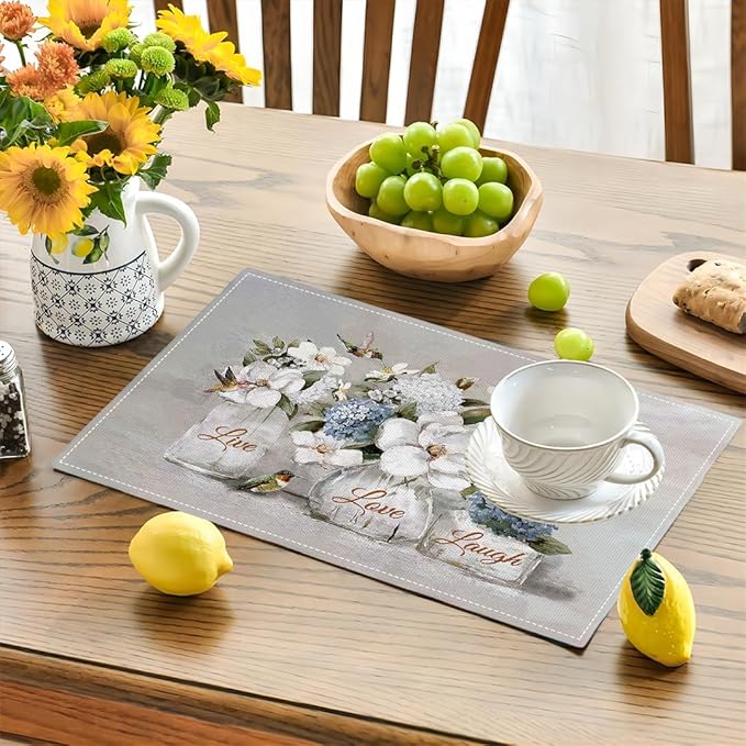 White Flower Placemats Set of 6, Hummingbirds Floral Live Love Laugh Double-Sided Table Mats for Kitchen Dining Room Home Party Indoor 6 PCS 12x18 Inch