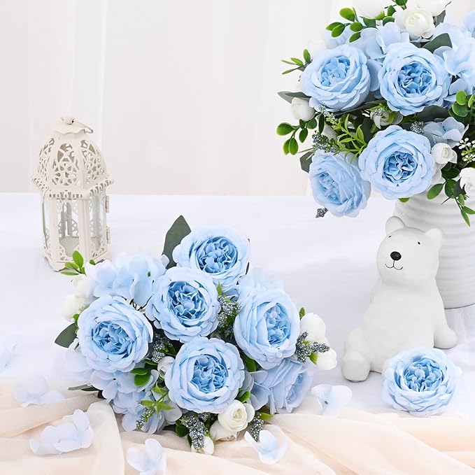 MARTINE MALL 2 Packs Peonies Artificial Flowers, Blue Artificial Peonies, Silk Peonies Flowers Fake Peonies Artificial Flowers Peonies Bouquet for Centerpiece Table Wedding Party Home Decor