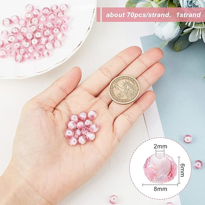 PH PandaHall 70pcs 6~8mm Rose Lampwork Beads Silver Foil Glass Beads Flower Glass Beads Floral Handmade Lampwork Beads Round Loose Beads for Rosary Making Jewelry Craft Making 2mm Hole - Sliver Pink