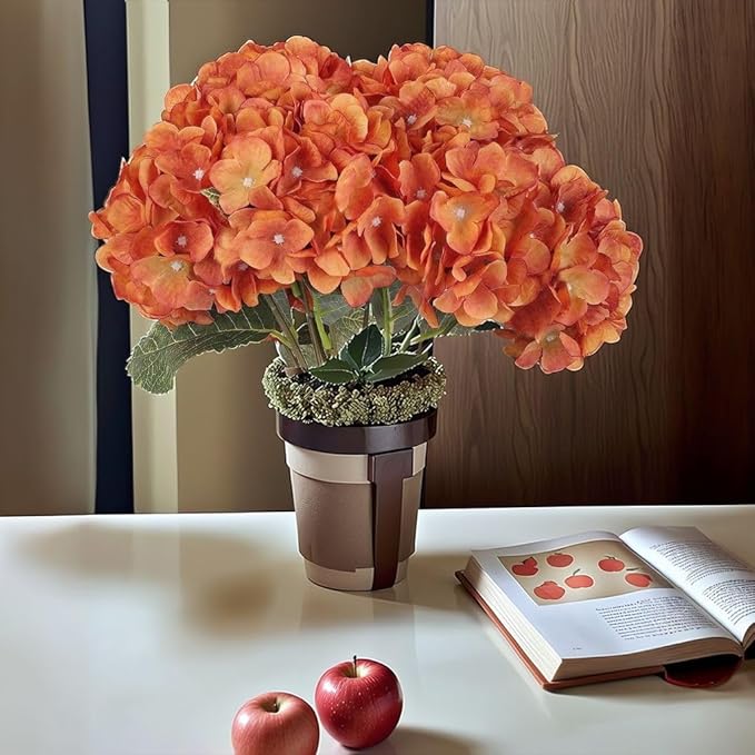 2Bouquets Artificial Fake Flowers Plants Silk Hydrangea Arrangements Wedding Bouquets Decorations Plastic Floral Home Kitchen Garden Party Festival Bar DIY (Orange,5 Flower Heads)