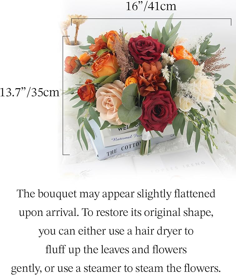 Rinlong 16 Inch Wedding Bouquets for Bride Fall Burgundy & Terracotta Roses, Dahlias, Peonies, Greenery Bouquet for Wedding, one, Boho