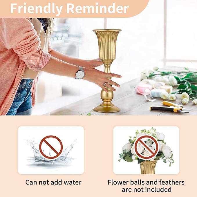 Nuptio Pcs of 2 Metal Trumpet Vase Elegant Wedding Centerpieces Vase for Party Decoration, 31.9cm/12.56" Tall Artificial Flower Arrangements for Anniversary Ceremony Gold