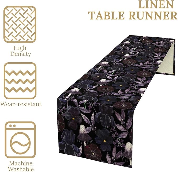 Gothic Floral Table Runner, Watercolor Black Purple Flowers Victorian Luxury Vintage Leaves Plant Table Runner for Home Kitchen Dining Decor Indoor Outdoor Party, 13x90inch