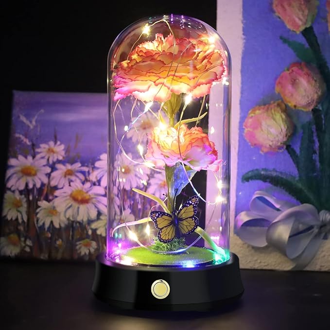QUELIEN Christmas Carnation Flowers Gifts for Mom,Pink Artificial Carnation in Glass Dome with Led Light for Mother's Day,Birthday,Christmas