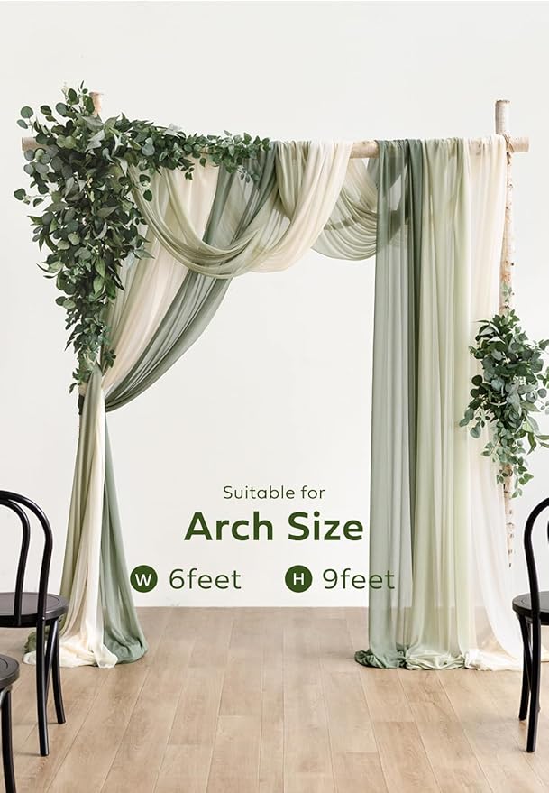 Ling's moment Wedding Arch Flowers with Sheer Drapes Kit - Artificial Green Floral Arrangements for Ceremony Backdrop, Spring Greenery Arbor Decor, 5-Piece Set (2 Flower Stems + 3 Hanging Drapes)