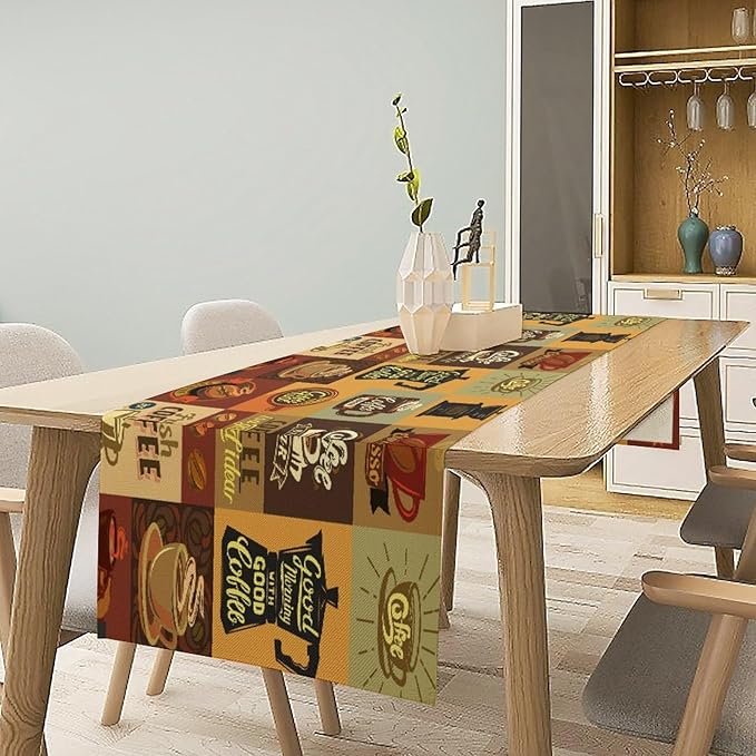 Coffee Table Runner,Vintage Style Coffee Beans Cups Theme Design Pattern Print Tablecloth Burlap for Hotel Indoors Outdoor Dining Room Kitchen Holiday Party, 13x90in