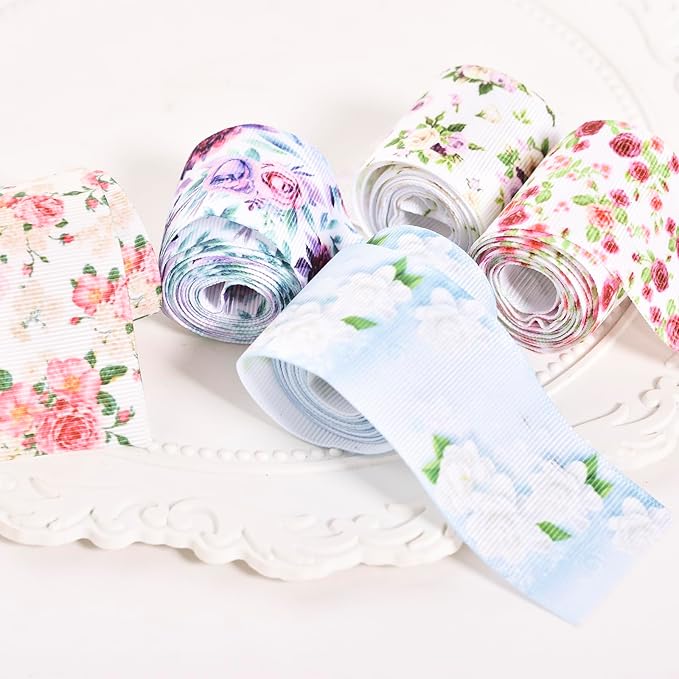 Floral Grosgrain Ribbon, 5 Rolls Flower Pattern Ribbon Spring Summer Fabric Decorative Craft Ribbon Roll for Gift Wrapping Decor Hair Bow Sewing Wreath Crafts (Mixed Color, 2.5Inch X 20Yards)