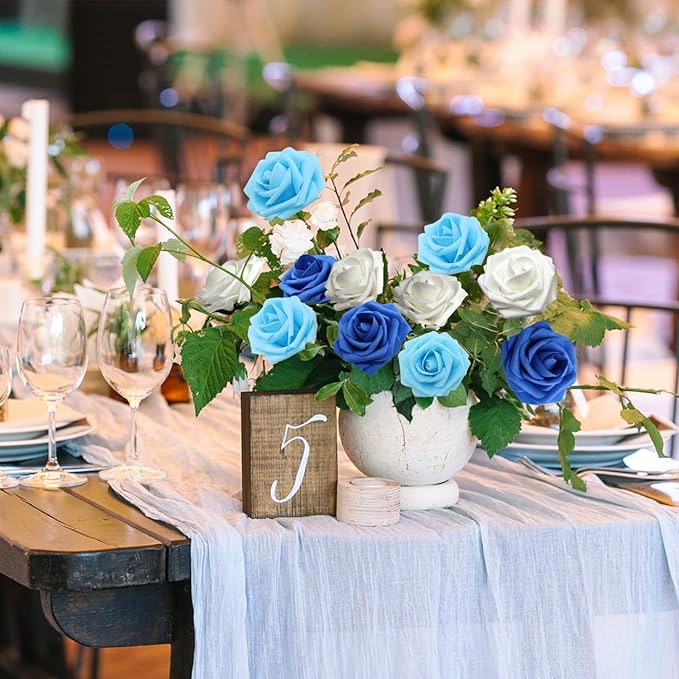 Artificial Flowers Realistic Shades of Blue Roses, Real Looking Fake Roses with Stem for DIY Wedding Bouquets Centerpieces Bridal Shower Party Home Romantic Decorations (Shades of Blue, 100pcs)