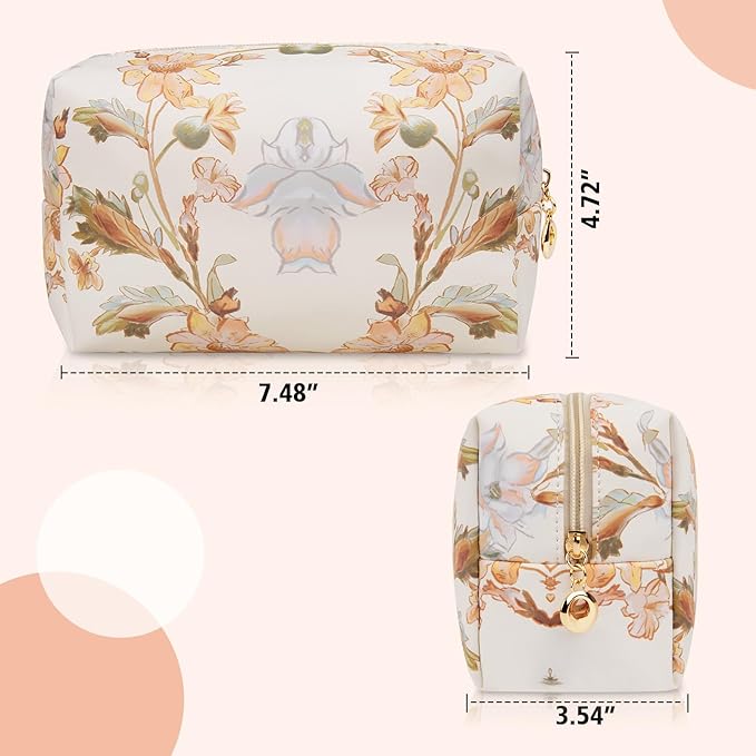 Floral Waterproof Makeup Bag, Leather Cosmetic Bag with Compartments, Zipper Make up Pouch Organizer, Portable Storage Travel Toiletry Bag Gifts for Women Girls(Purple Flower)