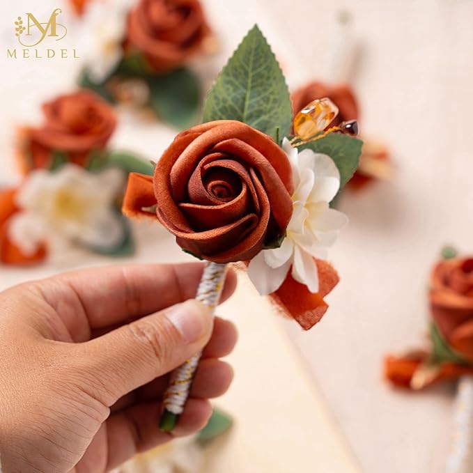 Meldel Rose Boutonniere for Men Wedding, Set of 6, Guest Groom Groomsmen Boutonnieres Prom Corsage for Weddings Homecoming Ceremony Anniversary Party Suit Decoration Flower, Burnt Orange/Terracotta