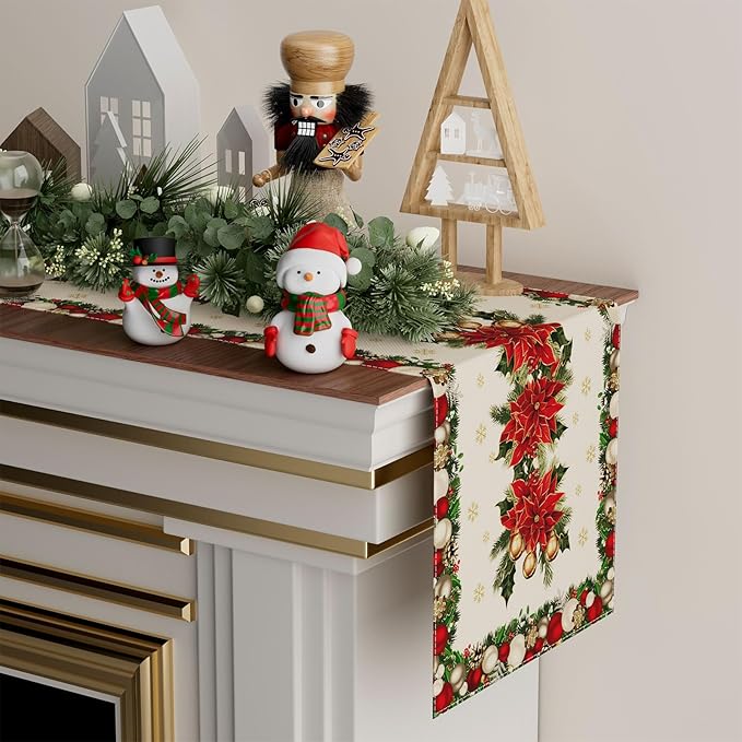 XCHI Christmas Poinsettias Leaves Bells Snowflakes Winter Xmas Table Runner Table Decoration for Home Kitchen Dining Holiday Decor 13x120 Inch