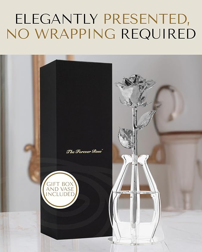 Forever Rose Real Rose Dipped in Platinum, Handcrafted Preserved Rose in Bloom Box and Phantom Vase, Romantic Gift for Her, Elegant Keepsake for Anniversary, Birthday, or Any Special Occasion