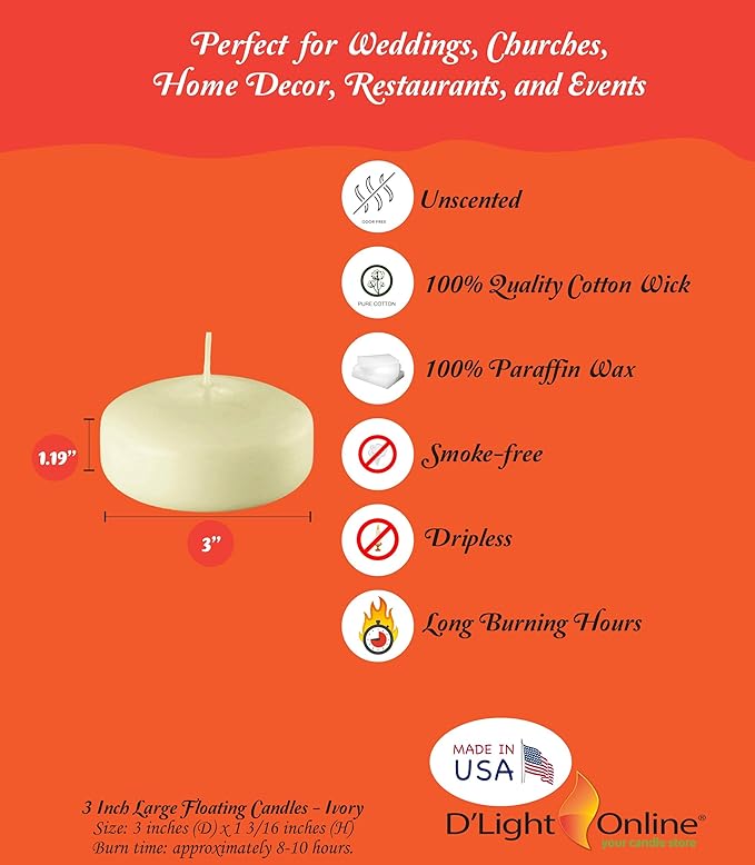 D'light Online Set of 72 Large 3 Inch Floating Candles Bulk Pack for Events, Centerpieces at Weddings, Spa, Pool, Home Décor, for Cylinder Vases, Special Occasions and Decor (Ivory)
