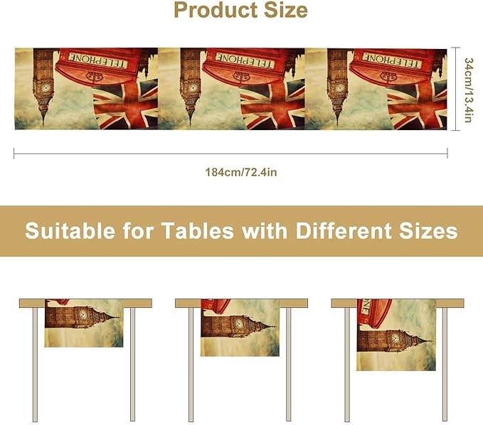 British Table Runner, Seasonal Vintage Buildings England London Culture Element Coffee Table Center Decor for Home Kitchen Dining Patio Holiday Party Table Decorations 13x90 inches