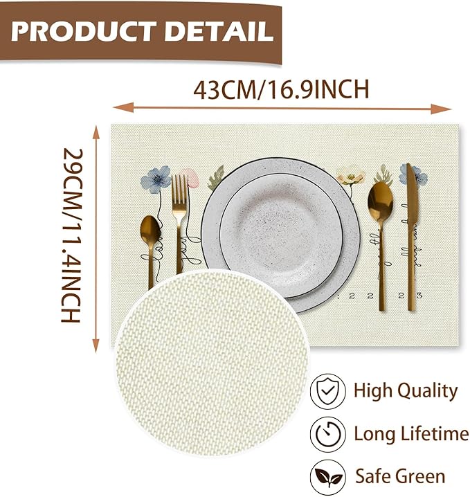 Christian Placemats Set of 4, Fruit of The Spirit Floral Bible Verse Scripture Table Mats Place Mats for Kitchen Dining Table Decoration, Christian Home Decor 16.9x11.4 Inch
