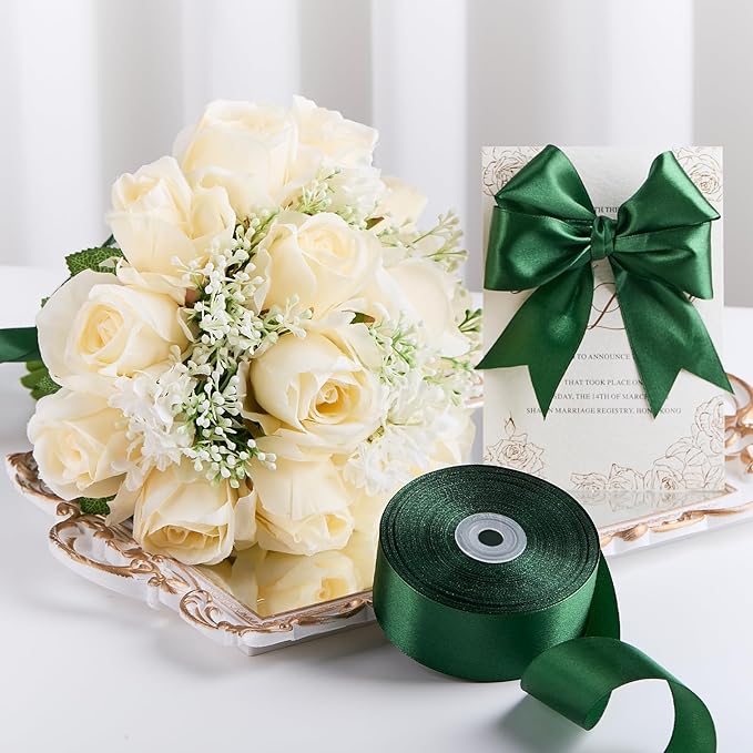1-1/2 Inches 50 Yards Dark Green Satin Ribbon, Solid Fabric Ribbon Roll for Flower Bouquets, Gift Wrapping, Wedding, Handmade Crafts