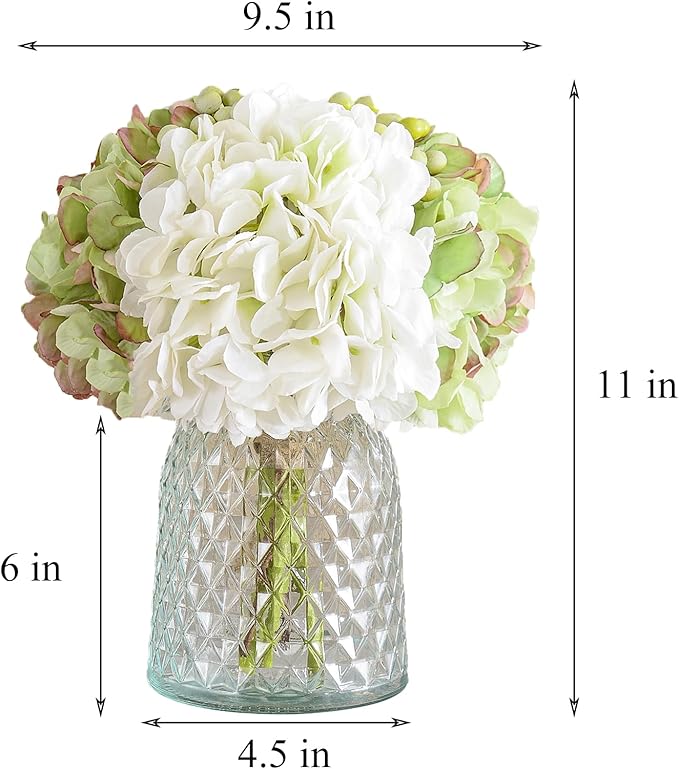 Wracra Hydrangeas Floral Arrangement in Glass Vase, Fake Flowers Silk Hydrangea Artificial Flowers with Vase for Home Office Decoration, Dining Table Centerpiece(Green)