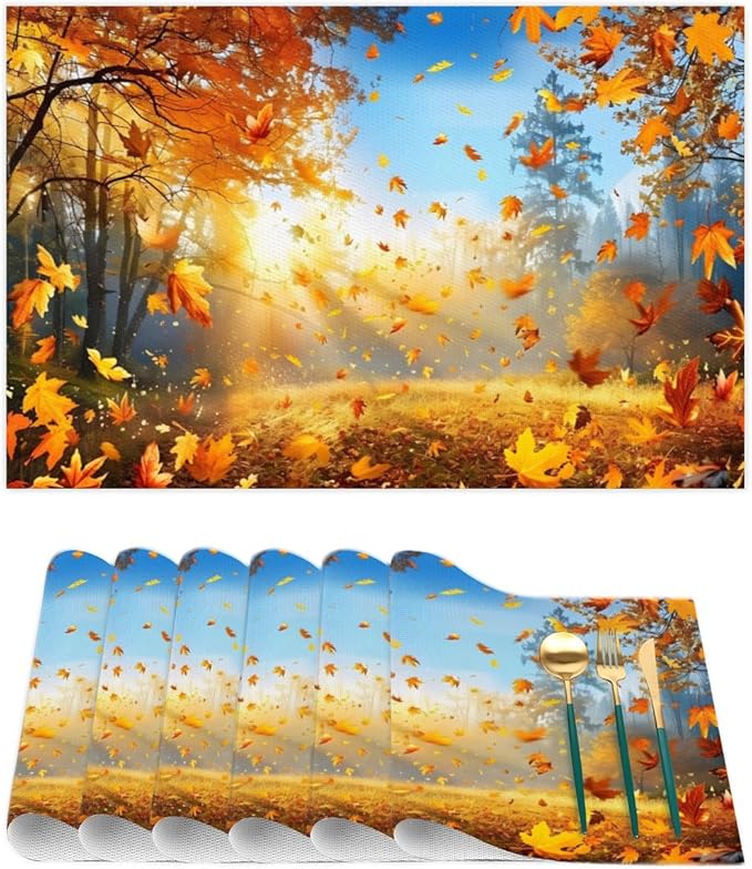 Forest Tree Fall Leaf Placemats Set of 4 PVC Vinyl Non Slip Table Mats Heat Resistant Place Mats Washable Wipeable Dining Table Mat for Kitchen Decor Party Indoor Outdoor Decorative Gift