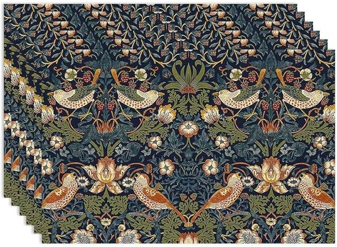 William Morris Floral Placemats Set of 6, Vintage Flower Strawberry Birds Green Place Mats, Heat Resistant Non Slip Cotton Linen Dining Table Mats for Home Kitchen Party 18x12 Inch