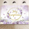 MEHOFOND Feliz cumpleaños Birthday Backdrop Purple Floral Butterfly Baby Shower Party Decorations Baby Girl's Watercolor Floral Glitter Drops Decorations Supplies Banner Photo Booth Studio Prop