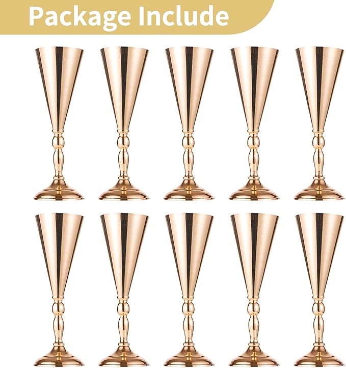 NUPTIO Tabletop Metal Wedding Flower Trumpet Vase Table Decorative Centerpiece Artificial Flower Arrangements for Anniversary Ceremony Party Birthday Event Aisle Home Decoration (10 x M, Gold)