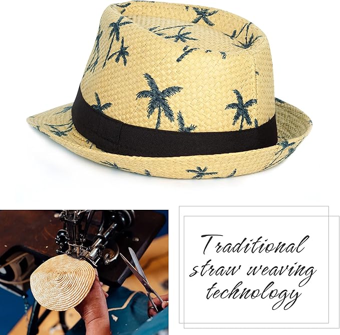 FADACHY Summer Straw Fedora Hat Short Brim Panama Sun Hat Trilby Beach Hat for Men & Women