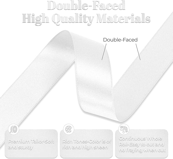White Satin Ribbon, Double Faced 1 Inch X 50 Yards White Ribbon, Premium Satin Ribbons for Gift Wrapping, Crafts, Hair Bow Making, Sewing, Flower Bouquet, Wedding Party Decor