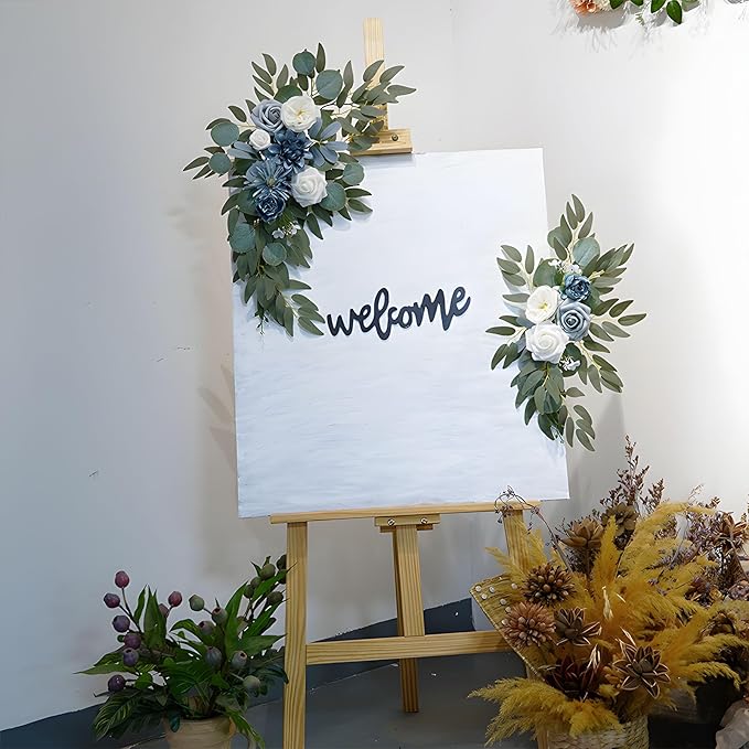 Blue White Wedding Arch Flowers, Faux Flower Swag Set of 2, Blue White Floral Swag for Wedding Arch Welcome Signs, Reception Ceremony Signs Decor