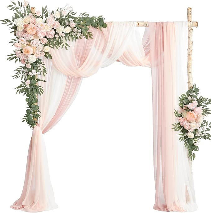Ling's moment Deluxe Pink Artificial Wedding Arch Flowers with Drapes Kit-Pack of 5, 2pcs Flower Arrangements 3pcs Hanging Sheer Drapes Blush Ceremony Arbor Reception Backdrop Rose Floral Decorations