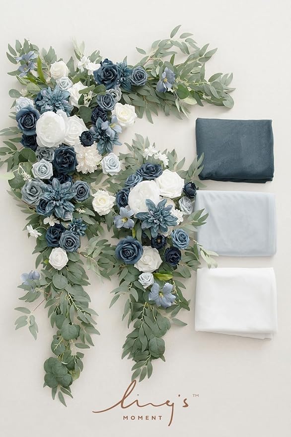 Ling's moment Wedding Arch Flowers with Sheer Drapes Kit - Artificial Dusty Blue and Navy Floral Arrangements for Ceremony Backdrop, Arbor Decor, 5-Piece Set (2 Flower Stems + 3 Hanging Drapes)