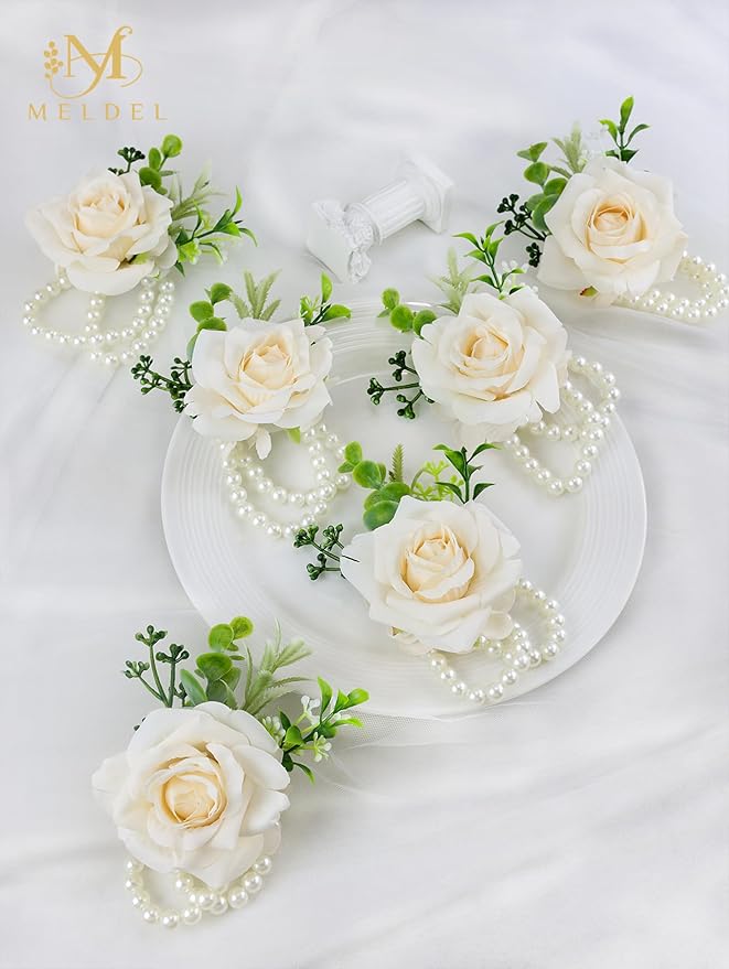 Meldel Wrist Corsage for Wedding(Set of 6),Artificial Champagne Rose Eucalyptus Pearls Wristband Corsages for Bride Bridesmaids Wedding, Women Mother Wrist Flower for Prom Party Anniversary Decor