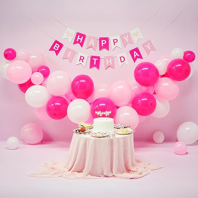 Pink Happy Birthday Decorations, Bow Coquette Birthday Decorations Includes Bow Plates, Napkins, Forks, Cupcake Toppers, Banner Balloons, and Pump Pink Decorations for Party, Serves 20