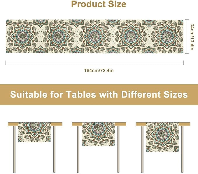 Boho Table Runner, Colorful Bohemian Mandala Geometric Floral Table Runner for Kitchen Dining Home Party Decoration, 13x90 Inch