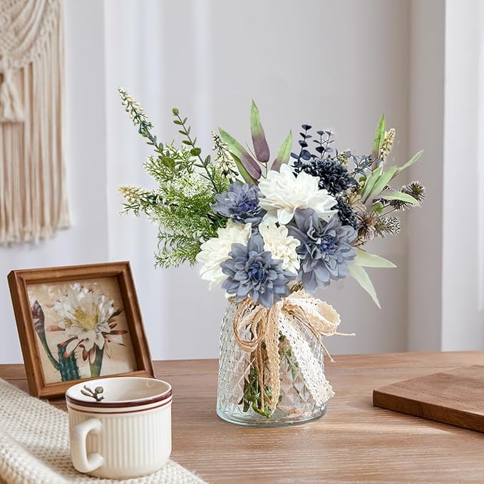 Wracra Artificial Flowers in Vase, Silk Fake Flowers in Vase, Faux Flowers Table Centerpieces for Dining Room, Bathroom Farmhouse Kitchen Coffee Table Decor (White Blue Dahlia)